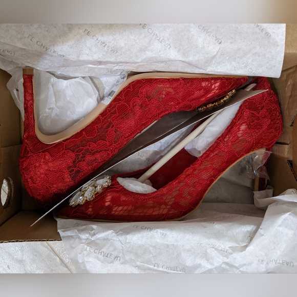 NEW 37 red lace stiletto heels diamond rhinestone - Picture 3 of 6